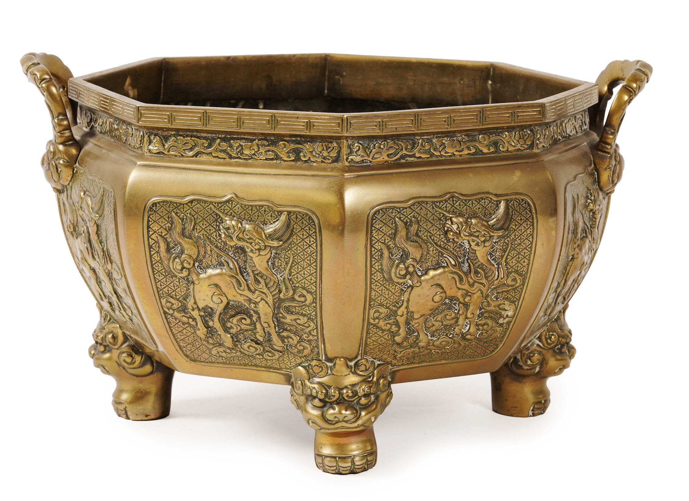 A large Chinese or Japanese bronze octagonal jardiniere, 19th century